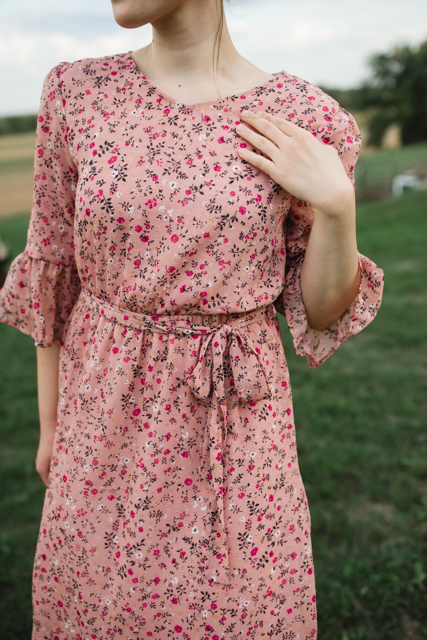 Ruby Blush Floral 3/4 Flounce Bell Sleeve Maxi Dress Dresses Inherit