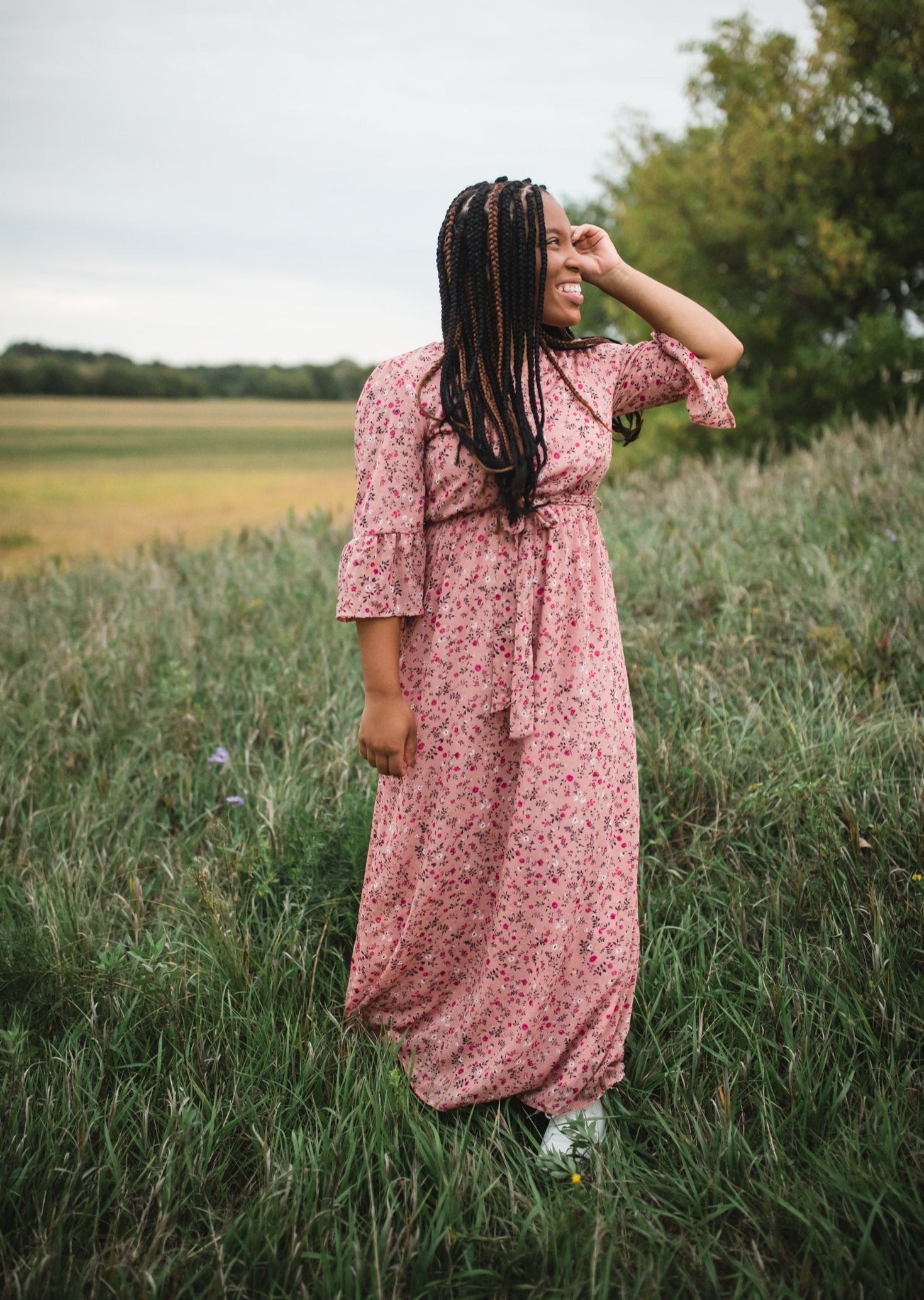 Ruby Blush Floral 3/4 Flounce Bell Sleeve Maxi Dress Dresses Inherit
