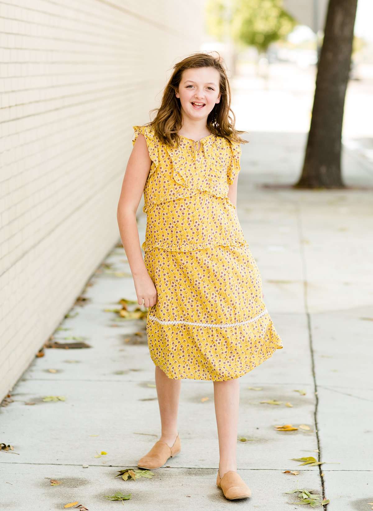 Modest girls and conservative teens mustard floral midi dress