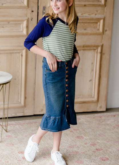 Ruffle Button Denim Jean Midi Skirt - FINAL SALE Skirts