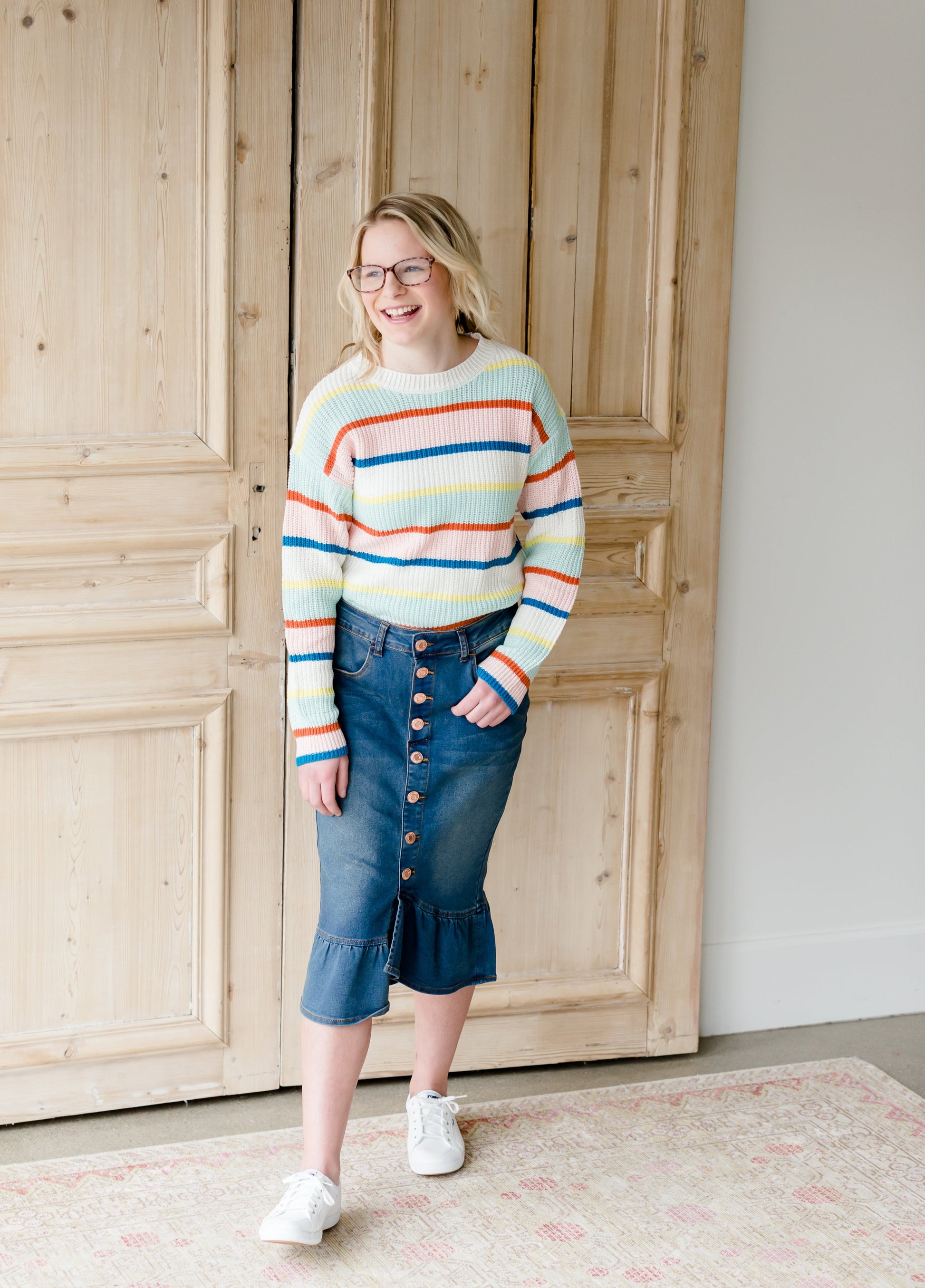 Ruffle Button Denim Jean Midi Skirt - FINAL SALE Skirts