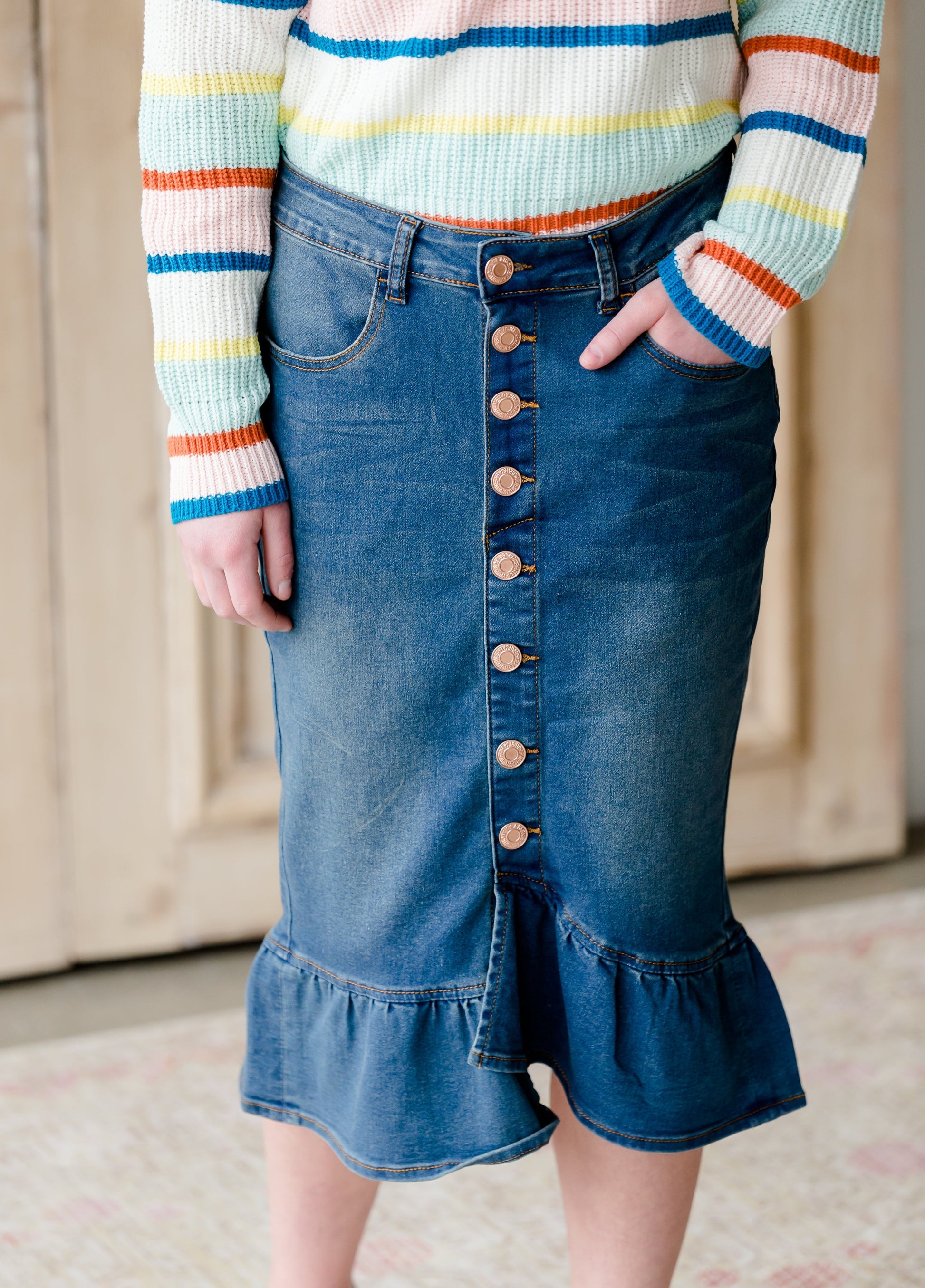 Ruffle Button Denim Jean Midi Skirt - FINAL SALE Skirts