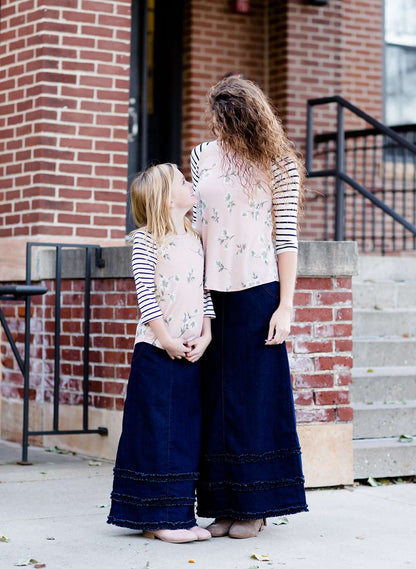 long modest ruffle denim skirt mommy and me style