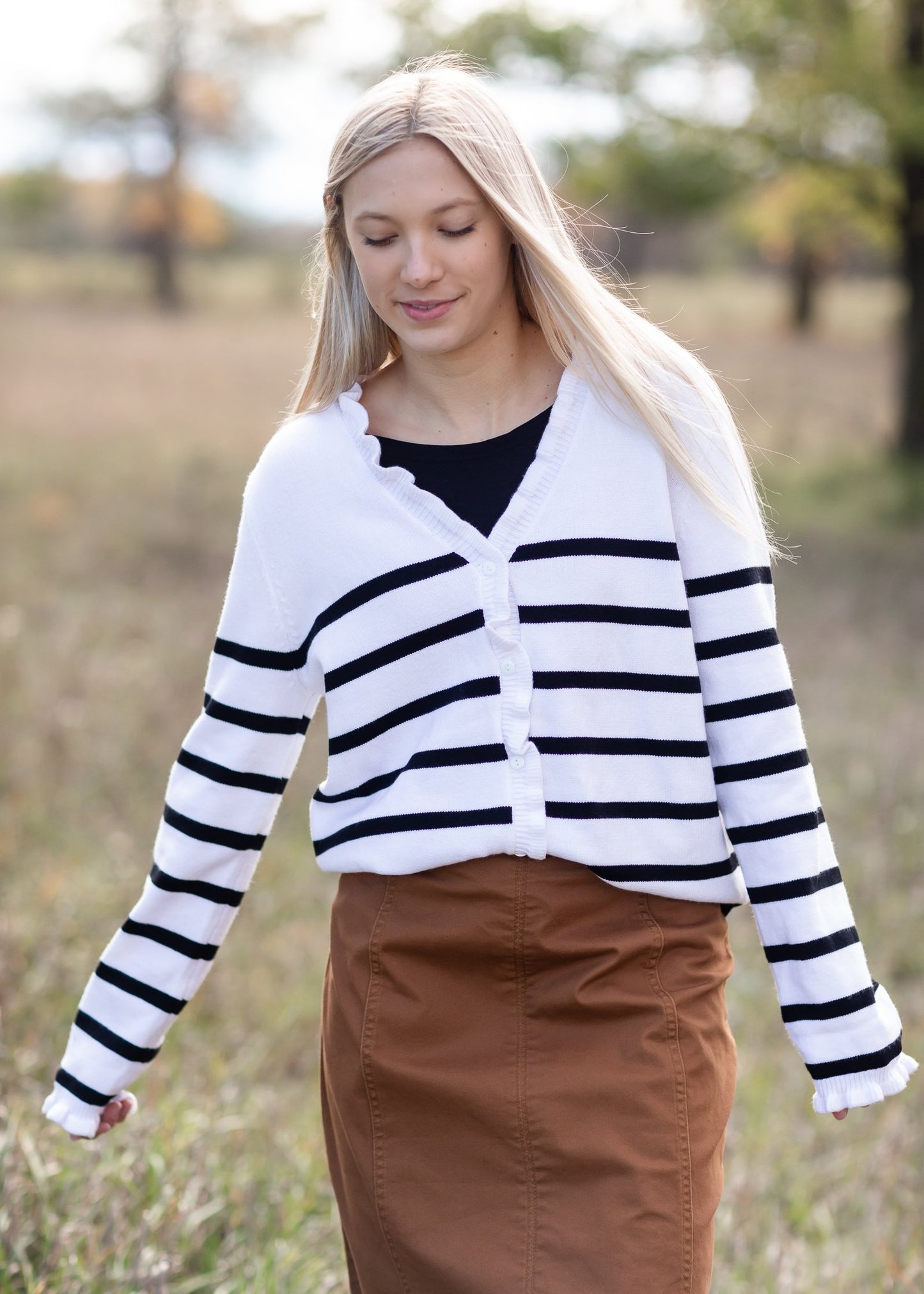 Ruffle Hem Detail Striped Cardigan Tops Mazik