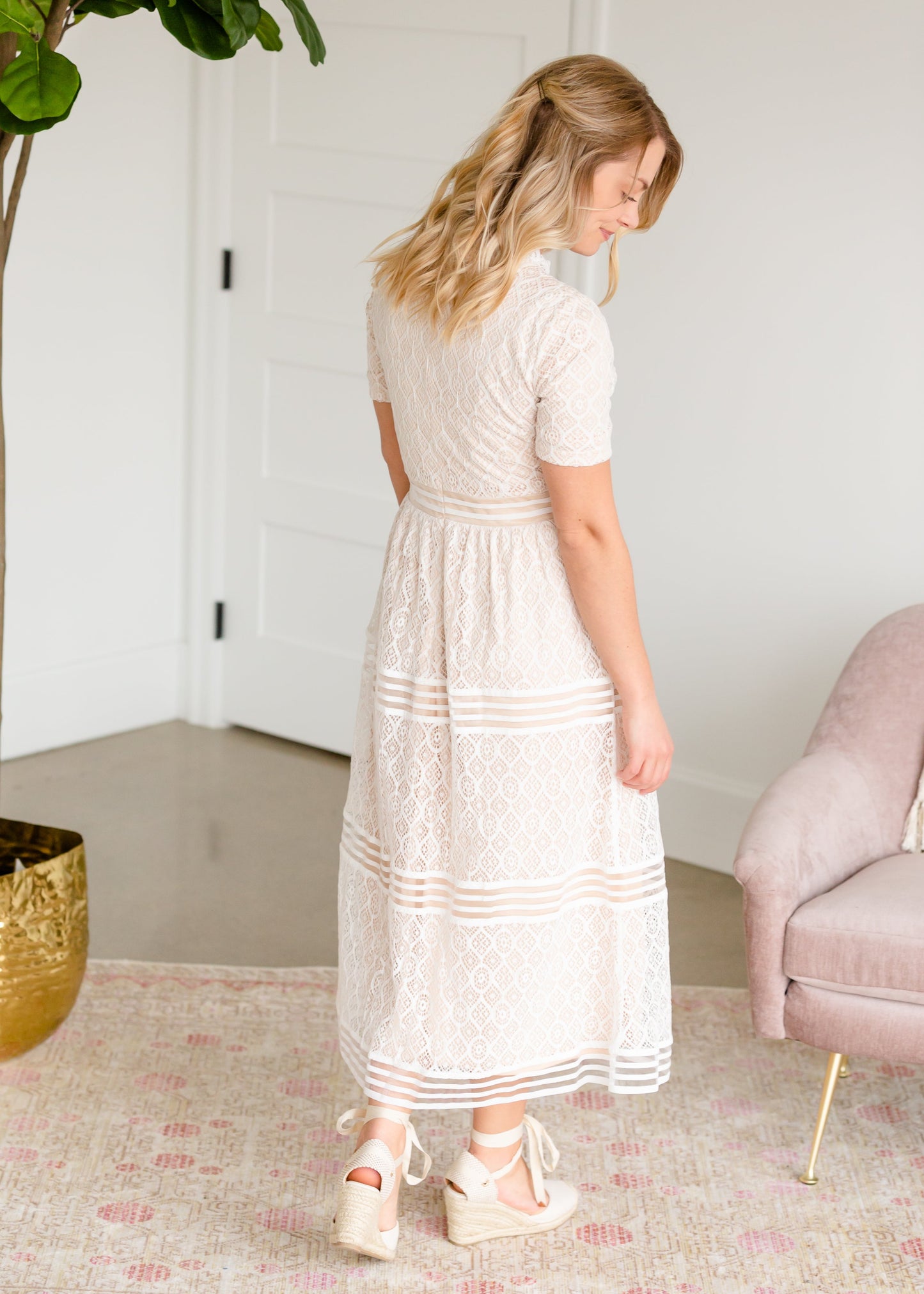 Ruffle Neck Ivory Lace Tiered Midi Dress - FINAL SALE Dresses