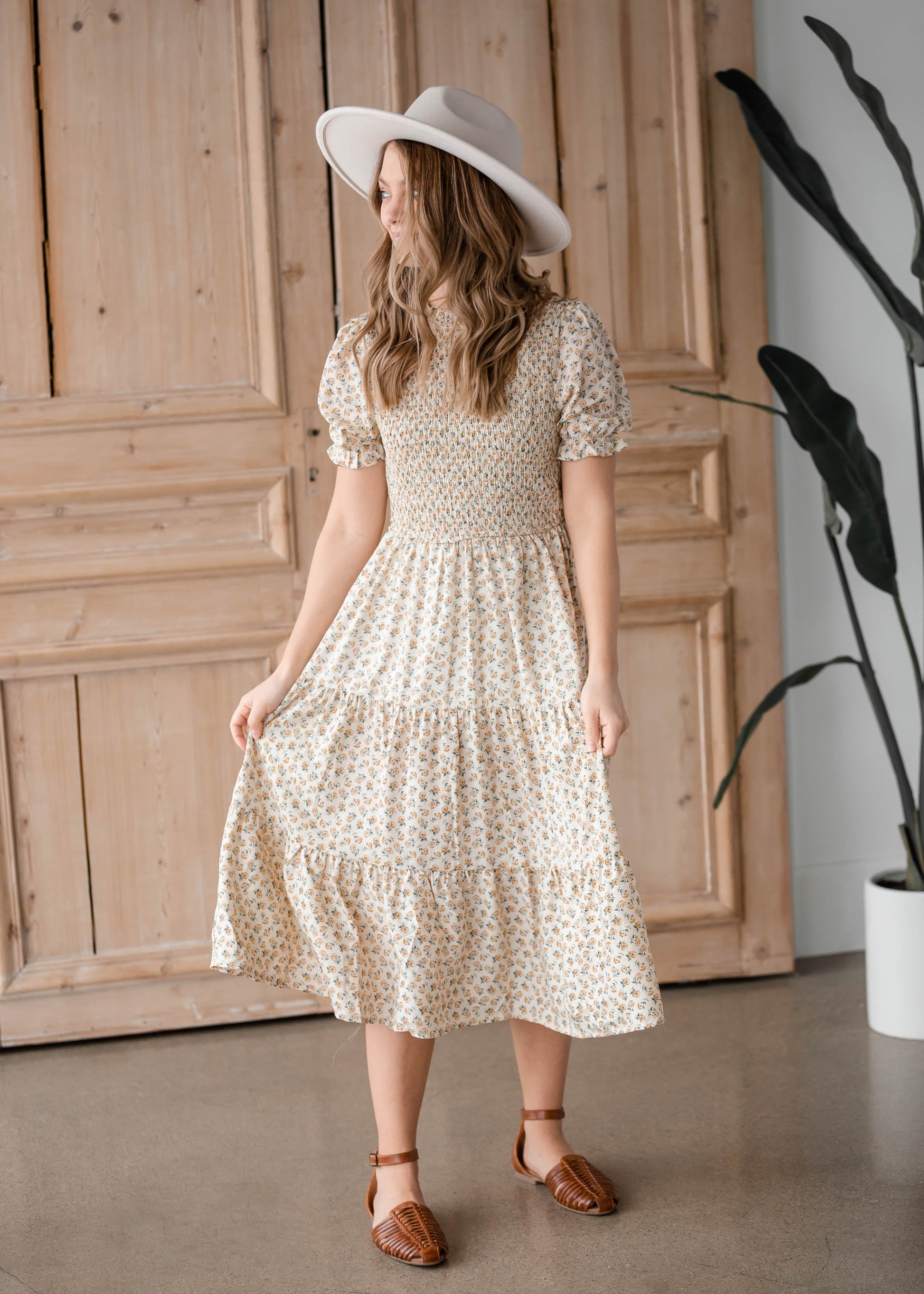 Ruffle Neck Smocked Tiered Midi Dress Dresses Hayden