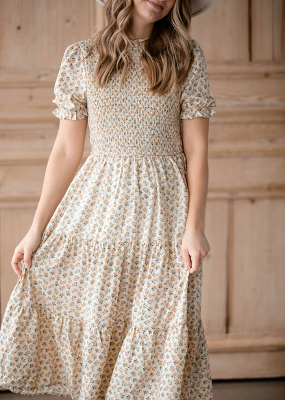 Ruffle Neck Smocked Tiered Midi Dress Dresses Hayden