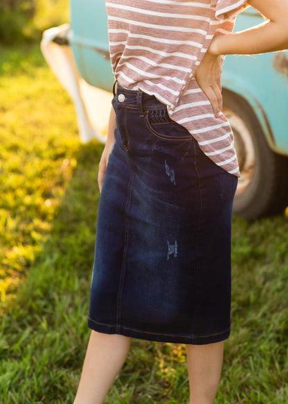 Ruffle Pocket Distressed Denim Midi Skirt - FINAL SALE Skirts