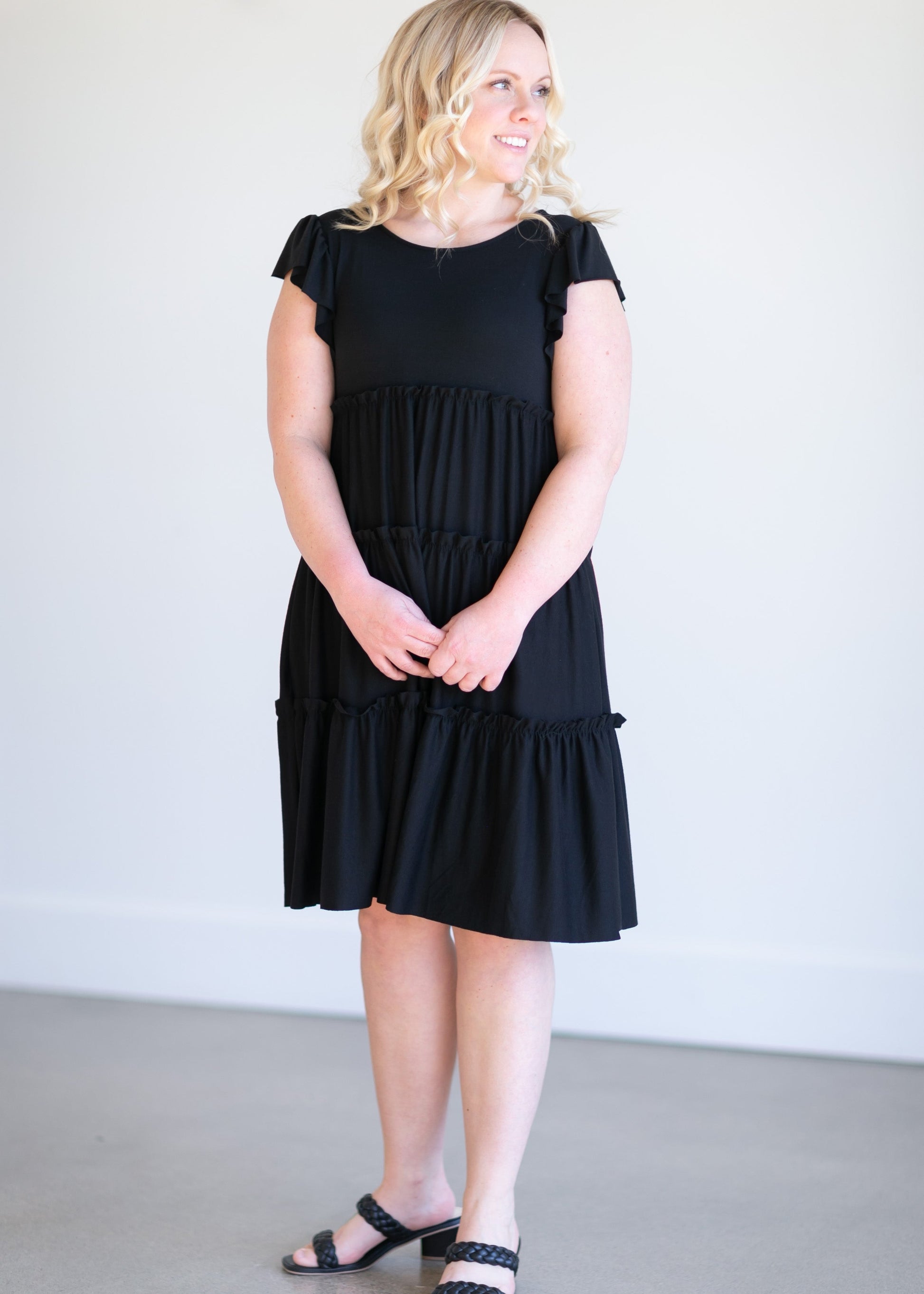 Ruffle Sleeve Tiered Midi Dress Dresses Black / S
