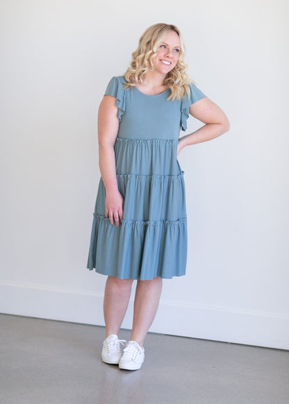 Ruffle Sleeve Tiered Midi Dress Dresses Blue / S