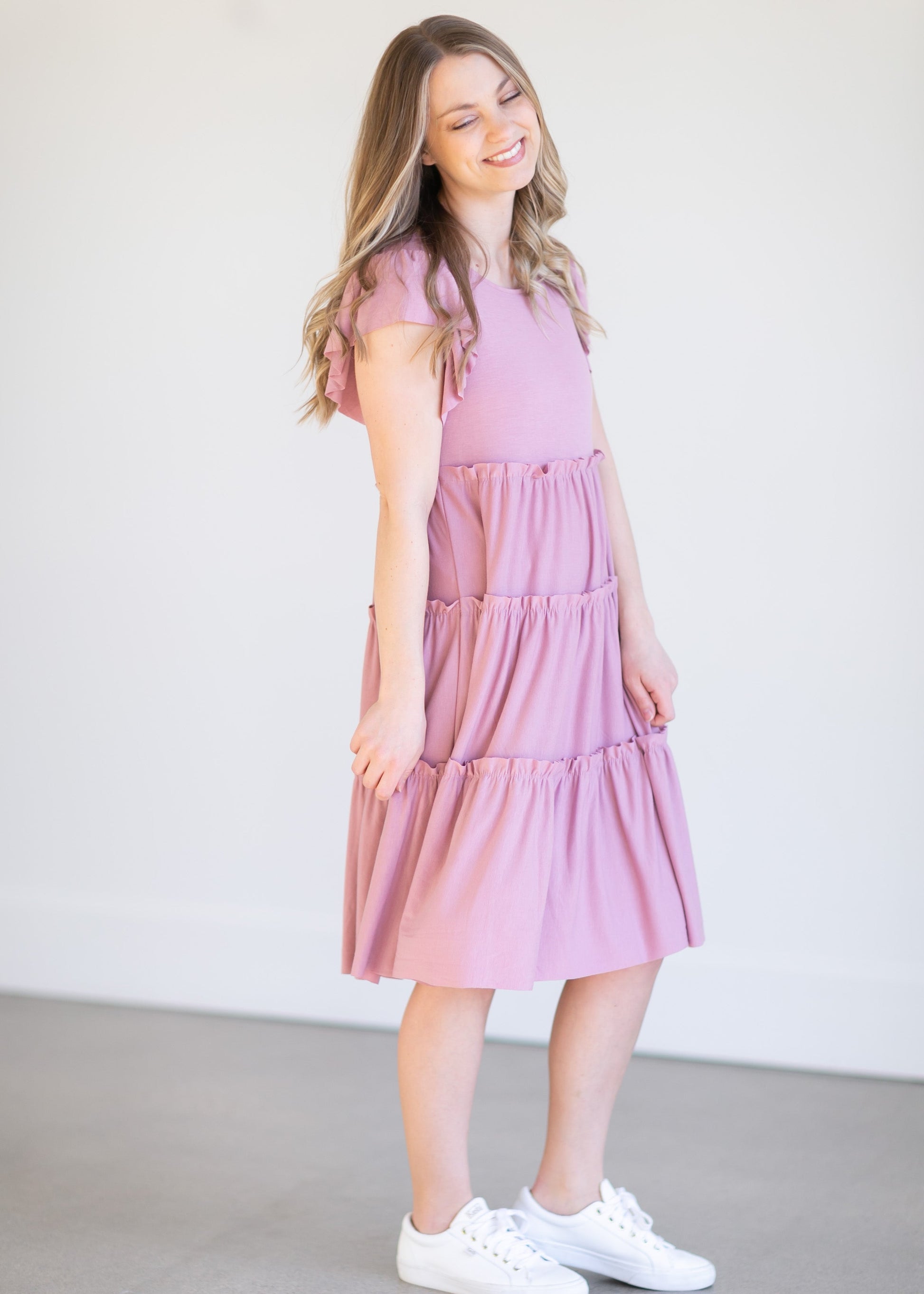 Ruffle Sleeve Tiered Midi Dress Dresses Pink / S