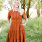 orange ruffle tiered midi dress
