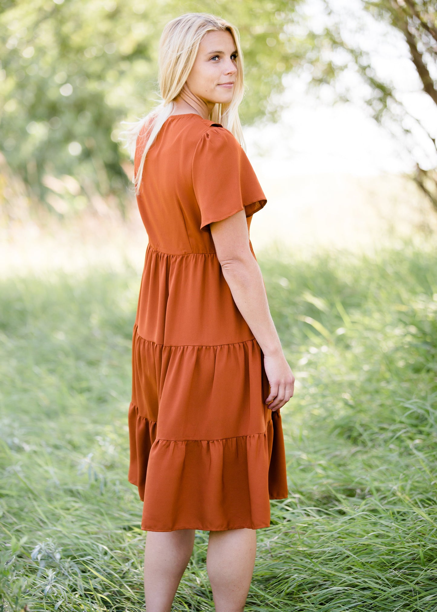 orange ruffle tiered midi dress