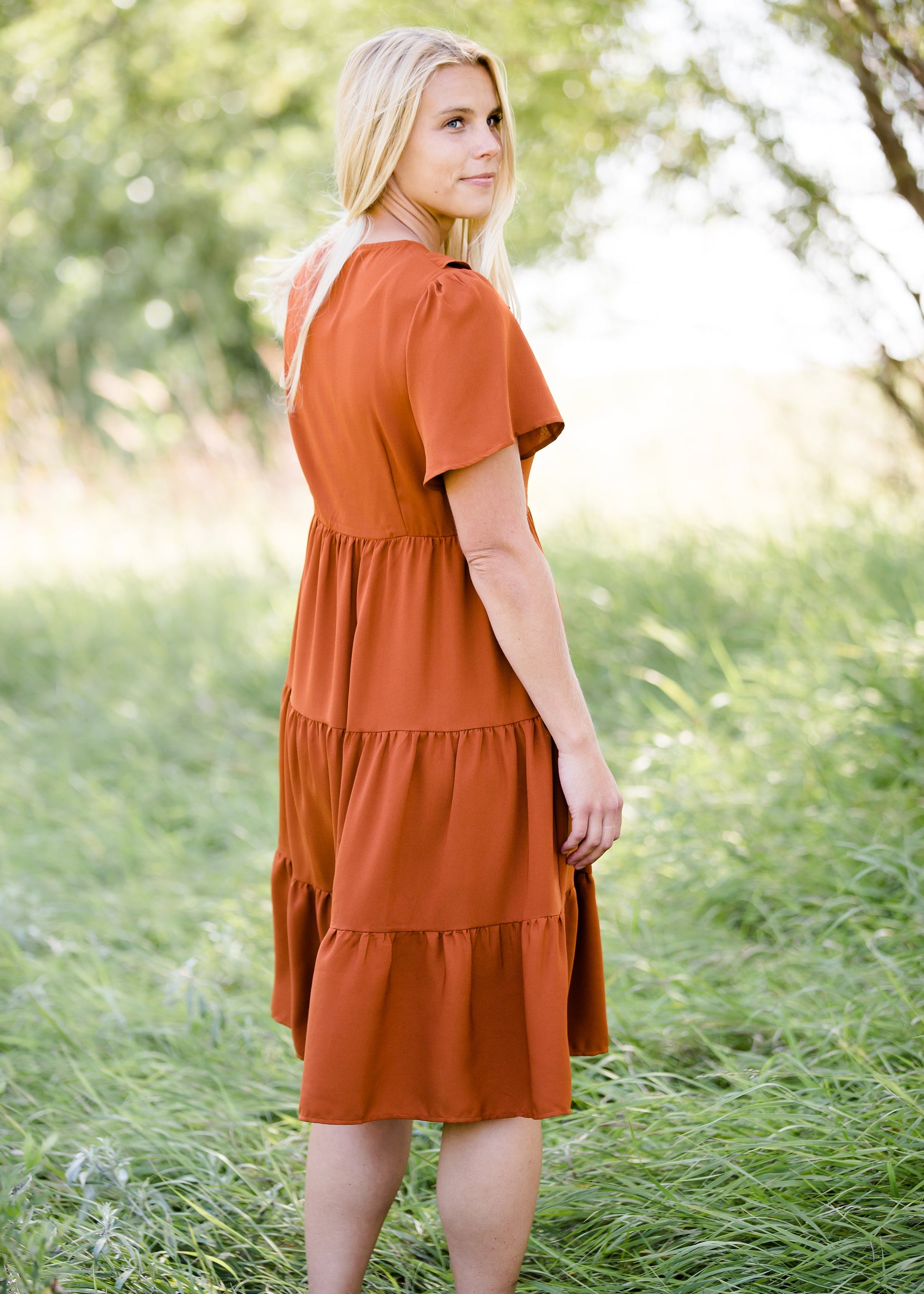 orange ruffle tiered midi dress