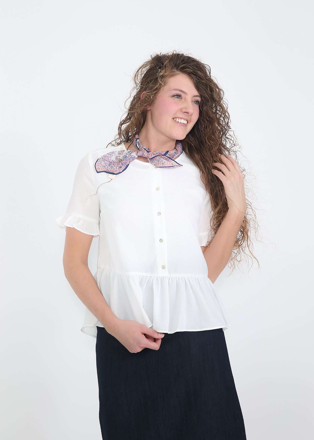 White button up baby doll woven top with ruffle detail
