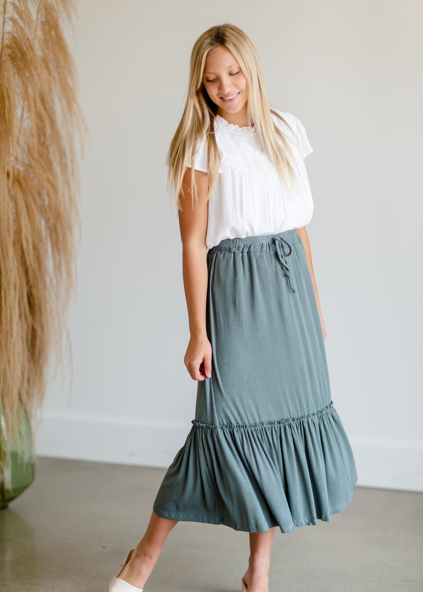 Ruffled Knit Elastic Waist Midi Skirt Skirts Hayden Sage / S