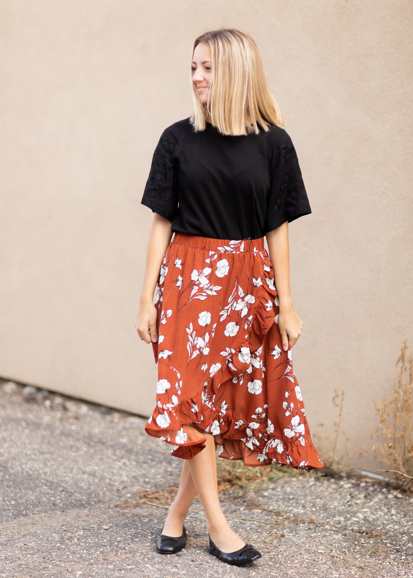 Rust Floral Crossover Midi Skirt Skirts