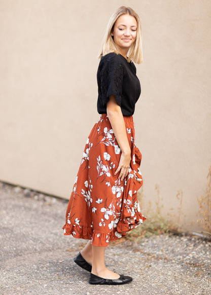 Rust Floral Crossover Midi Skirt Skirts