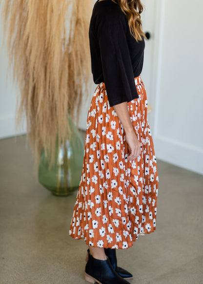 Rust Floral Print Pleated Midi Skirt Skirts Polagram + BaeVely