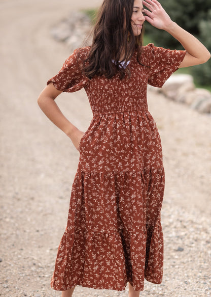 Rust Flutter Sleeve Smocked V-Neck Tiered Midi Dress Dresses Polagram