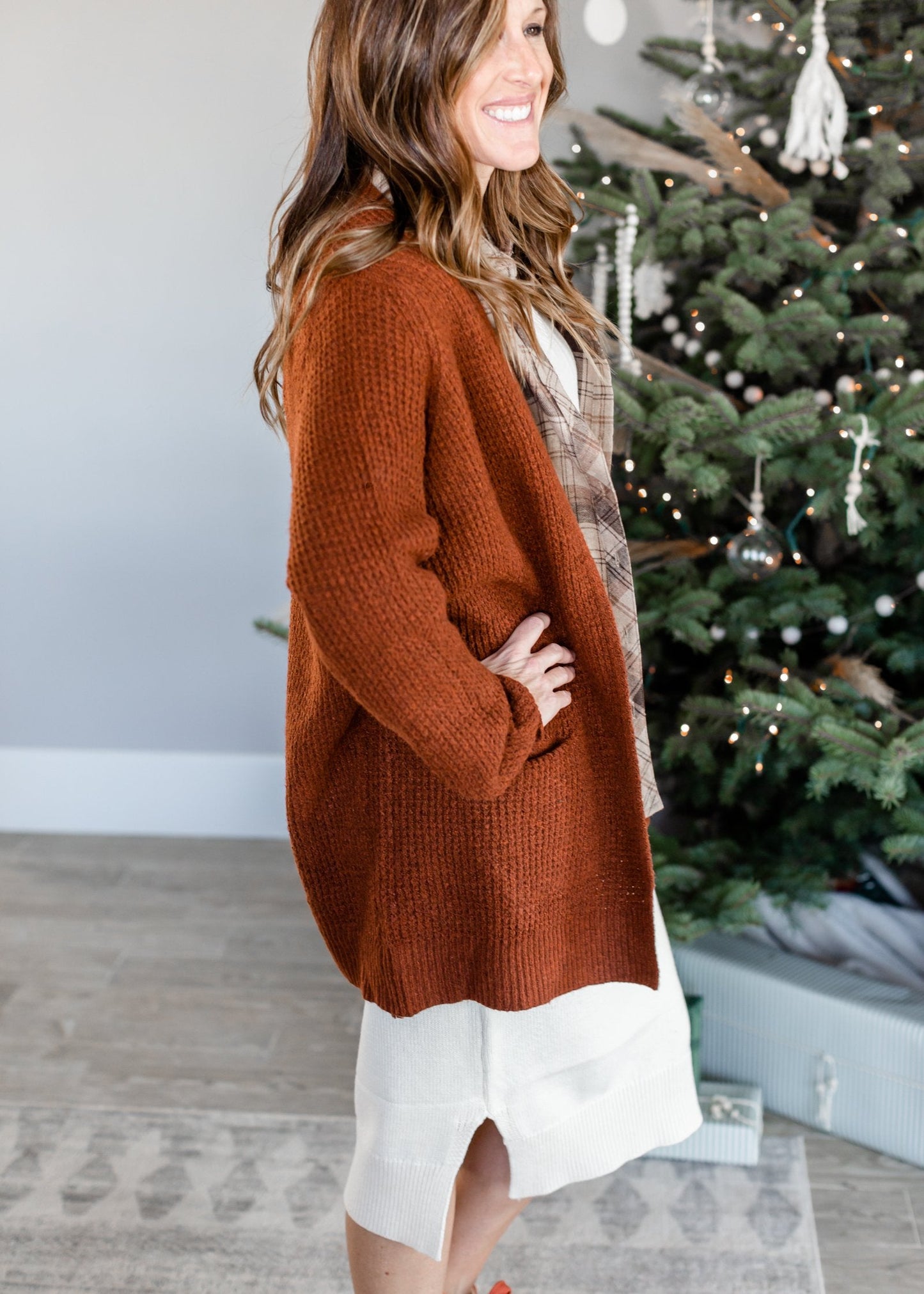Rust Open Front Waffle Knit Cardigan - FINAL SALE Tops Staccato