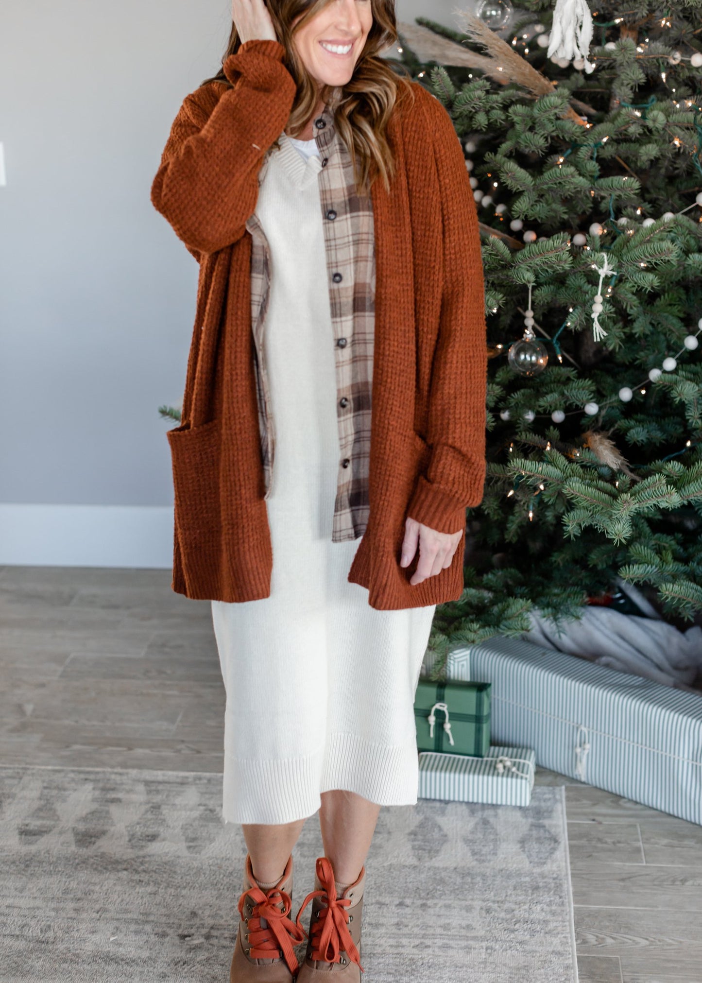 Rust Open Front Waffle Knit Cardigan Tops Staccato