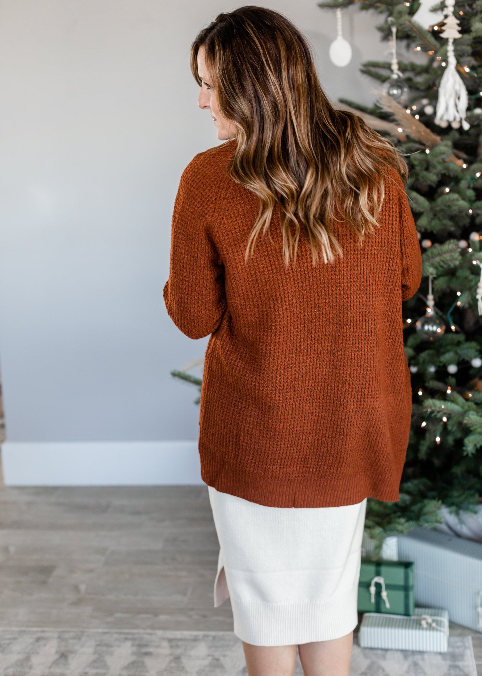 Rust Open Front Waffle Knit Cardigan Tops Staccato