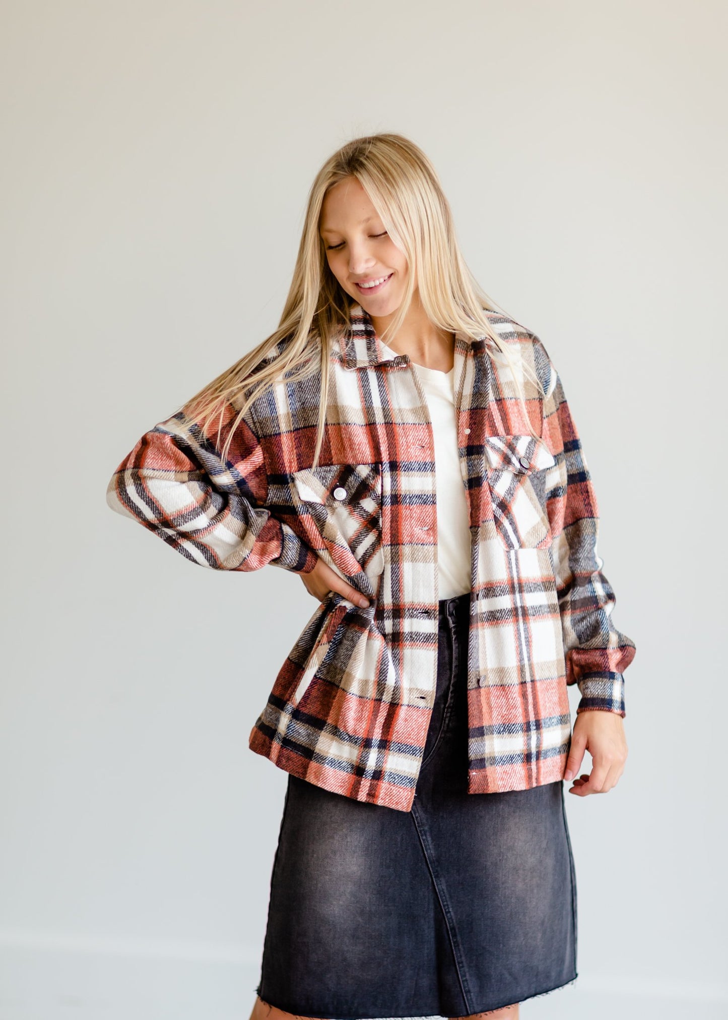 Rust Plaid Button Up Shacket Tops Staccato