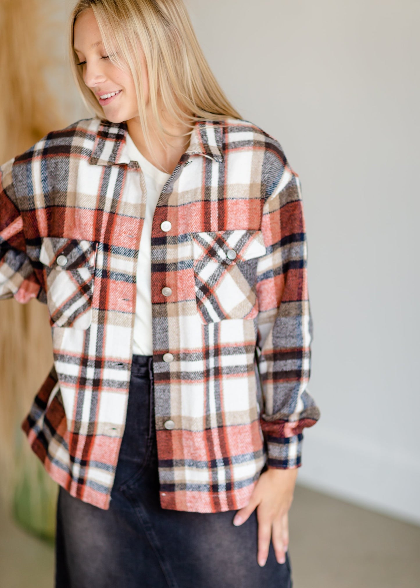 Rust Plaid Button Up Shacket Tops Staccato