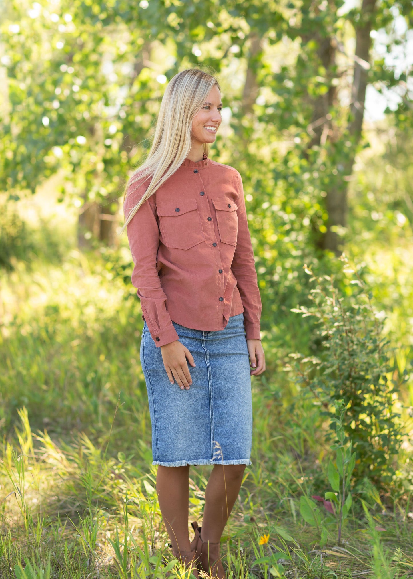 Rust Ruffle Neck Corduroy Top Tops