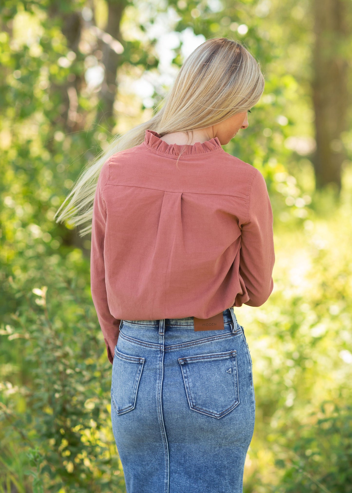 Rust Ruffle Neck Corduroy Top Tops