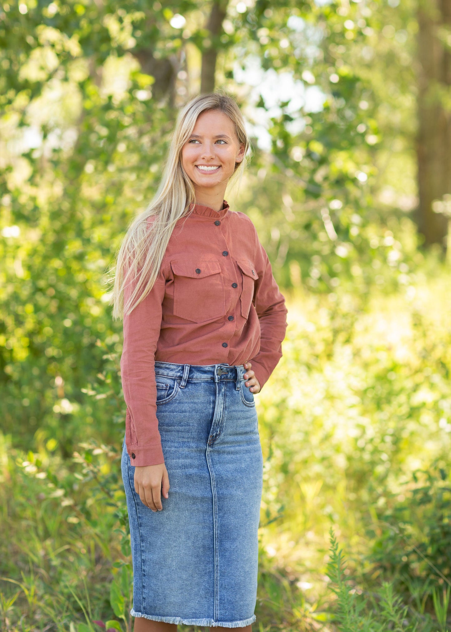 Rust Ruffle Neck Corduroy Top Tops