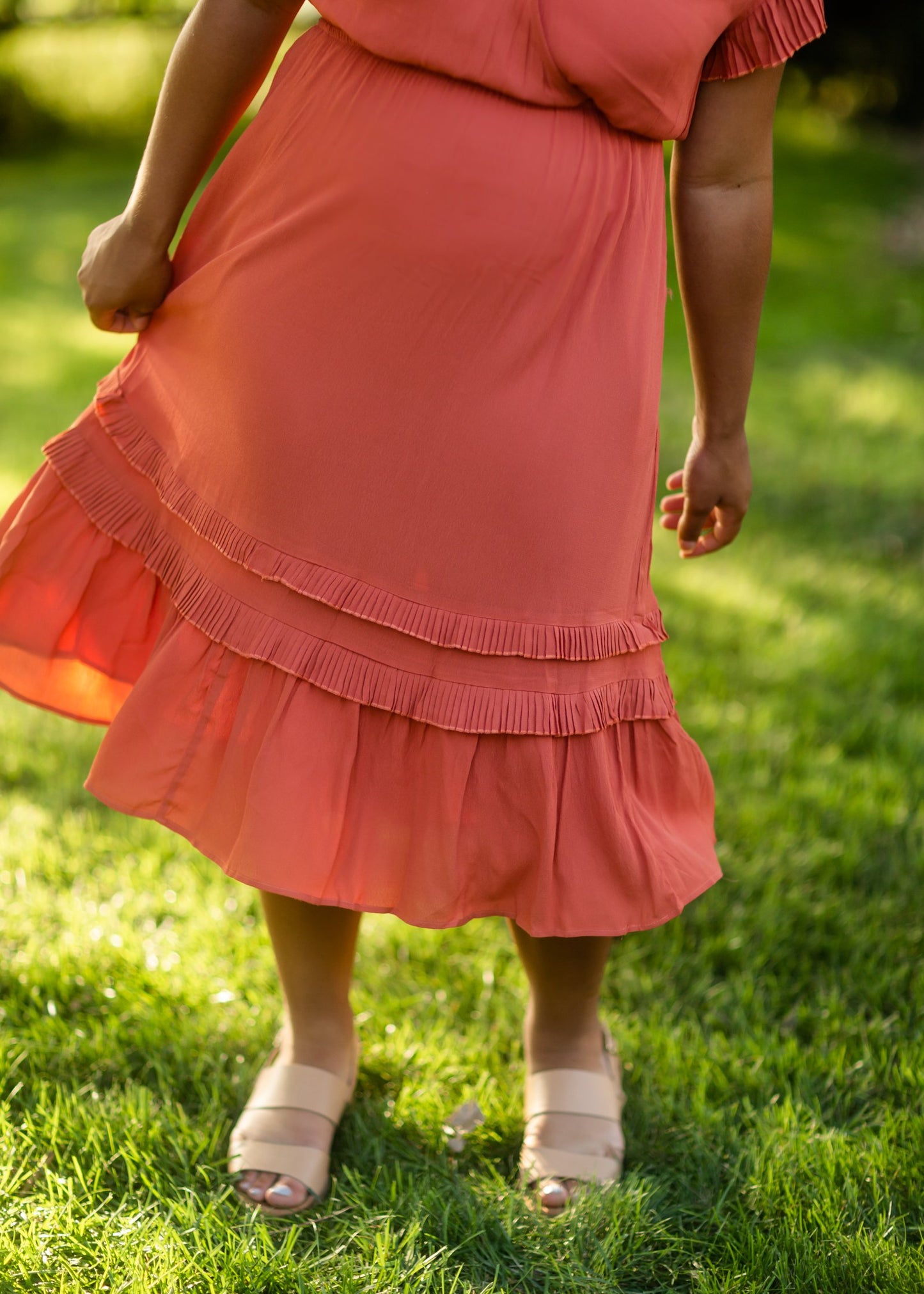 Rust Tiered Pleated Ruffle Midi Dress Dresses VOY