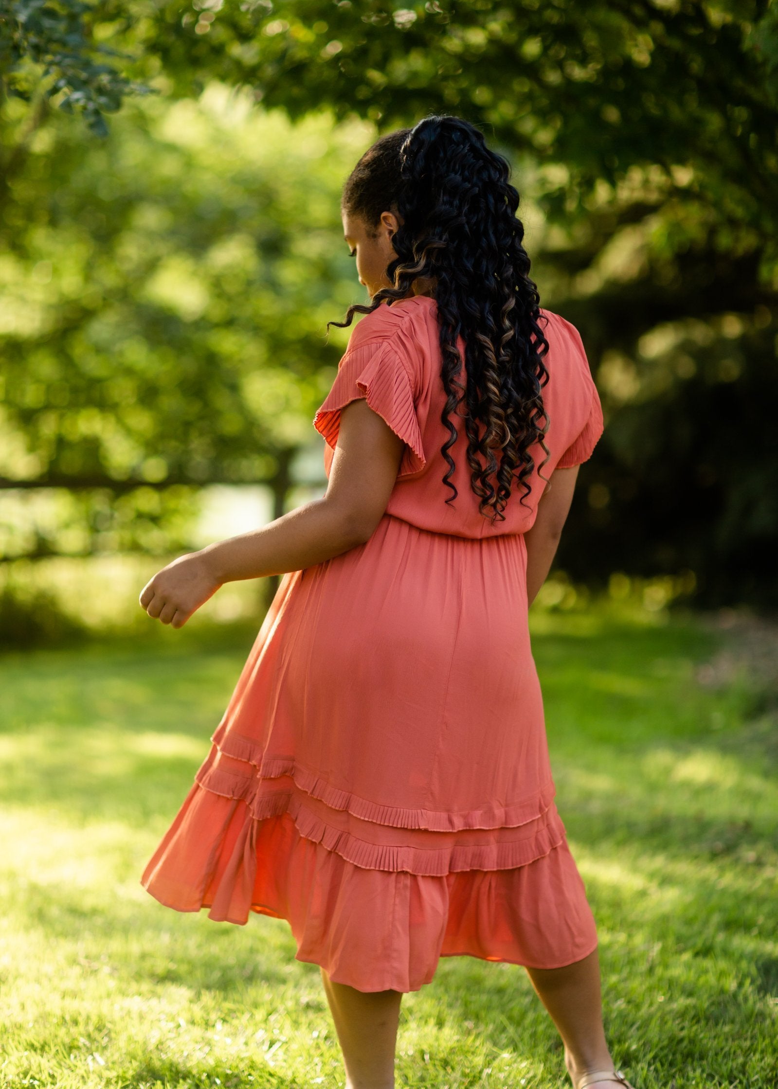 Rust Tiered Pleated Ruffle Midi Dress FINAL SALE Inherit Co