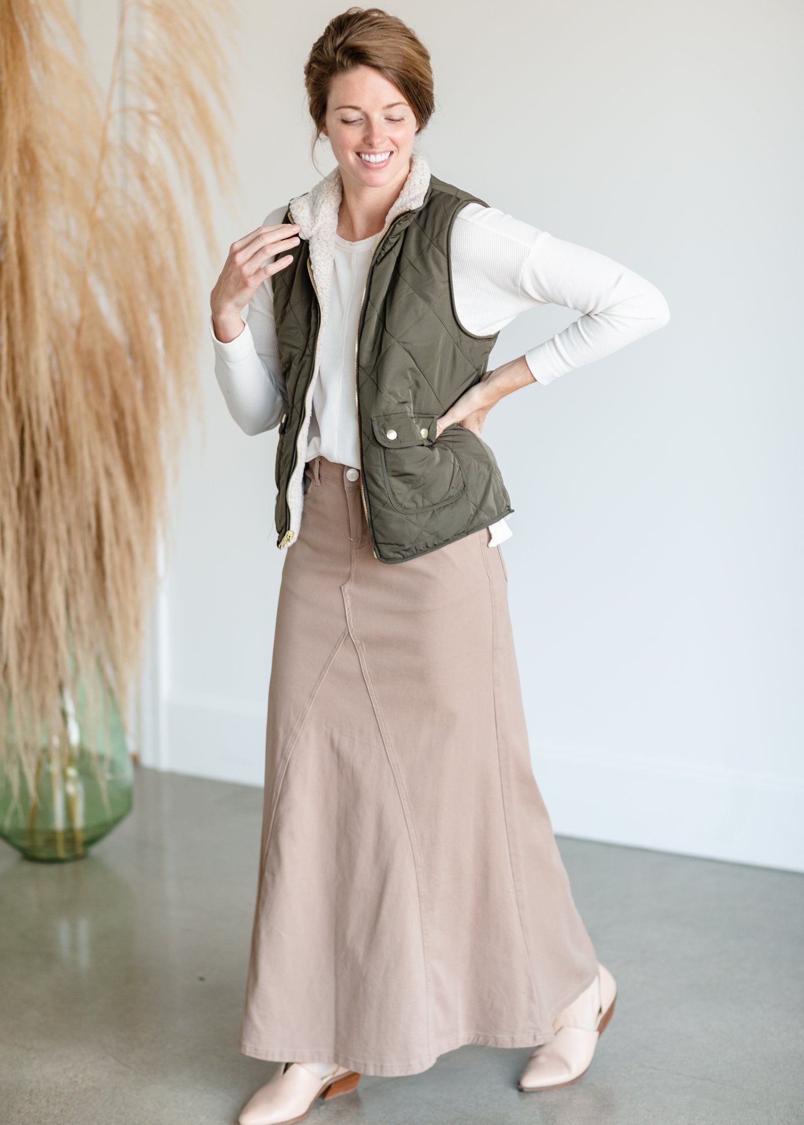 Ruth A-Line Long Khaki Skirt Skirts Inherit Co.