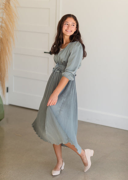 Sage Satin Pleated 3/4 Sleeve Midi Dress Dresses Polagram + BaeVely