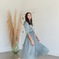 Sage Satin Pleated 3/4 Sleeve Midi Dress Dresses Polagram + BaeVely