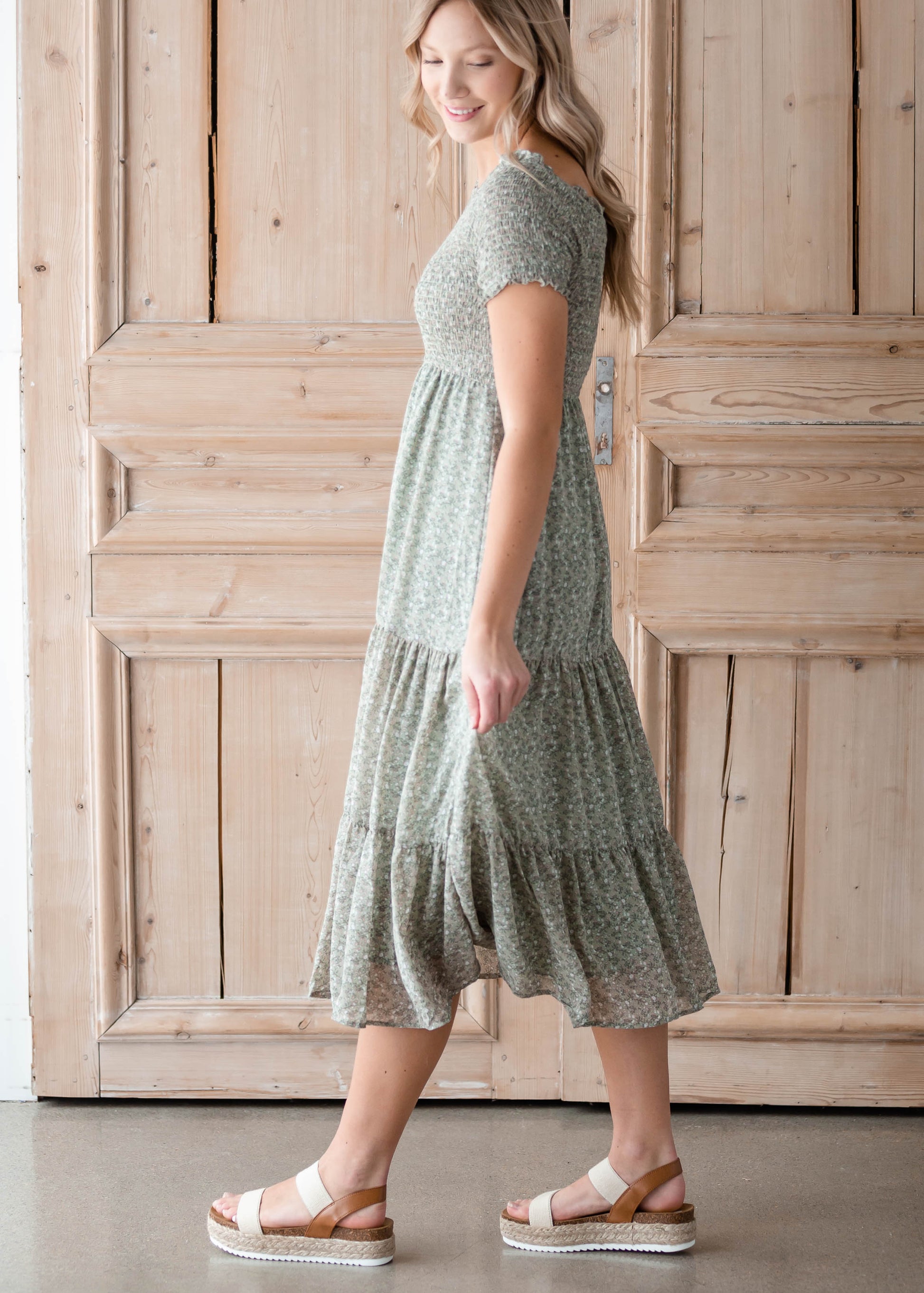 Sage Smocked Ditsy Print Midi Dress Dresses Hayden
