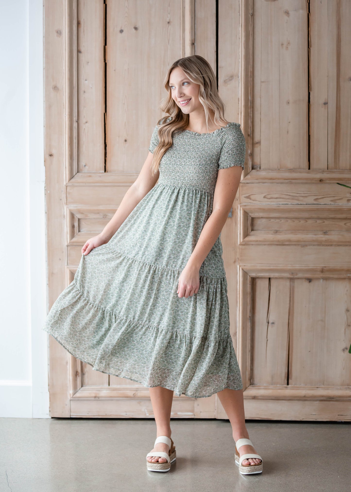 Sage Smocked Ditsy Print Midi Dress Dresses Hayden