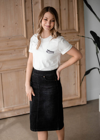 Sandra Black Midi Skirt Inherit Co. is a pull on stretch denim in black wash.