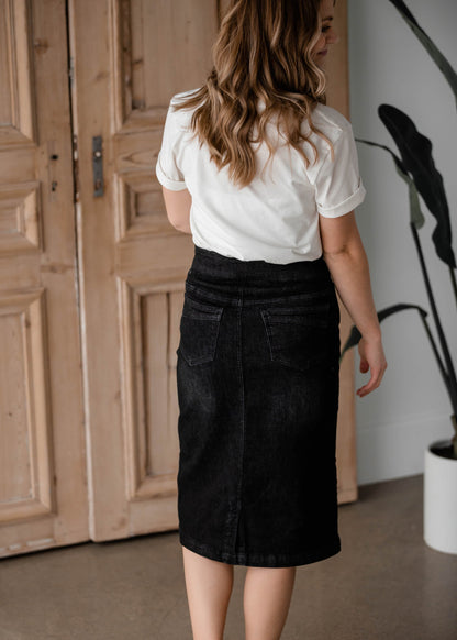 Sandra Black Midi Skirt Inherit Co. Sandra Black Midi Skirt Inherit Co. is a pull on stretch denim in black wash.