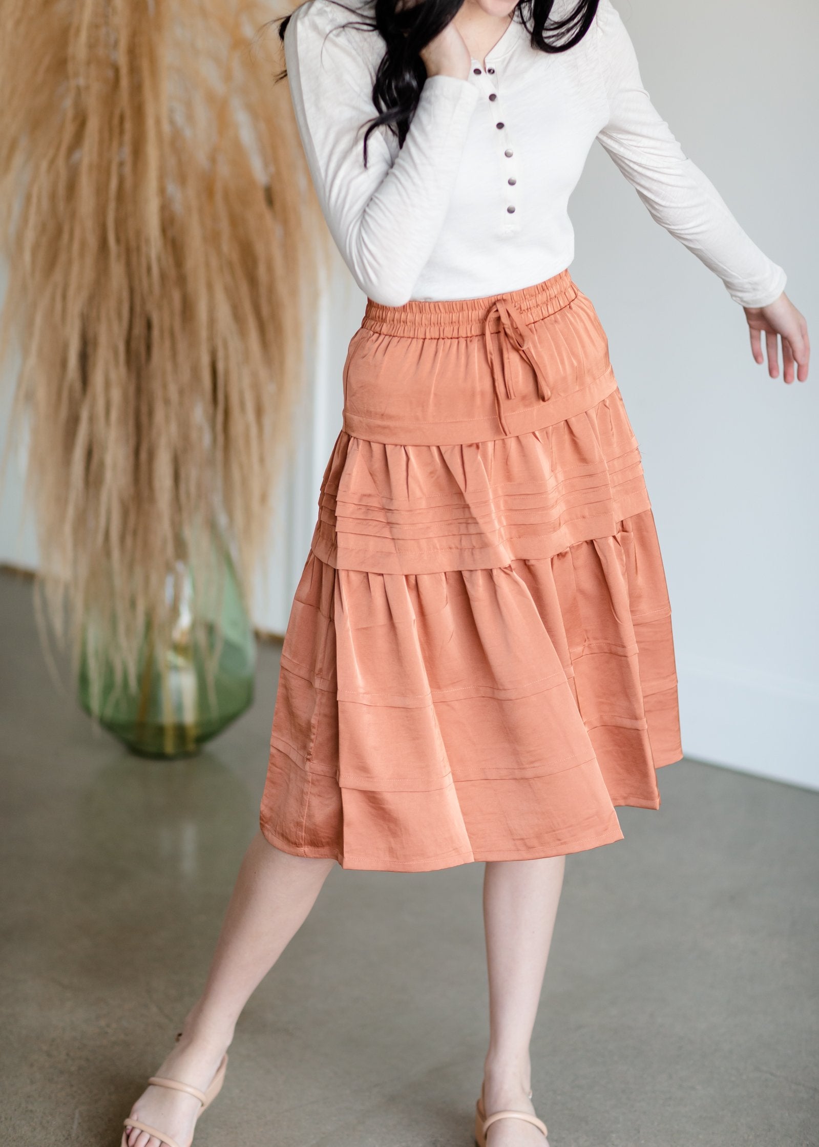 Satin Ruffle Tiered Midi Skirt Skirts Pinch