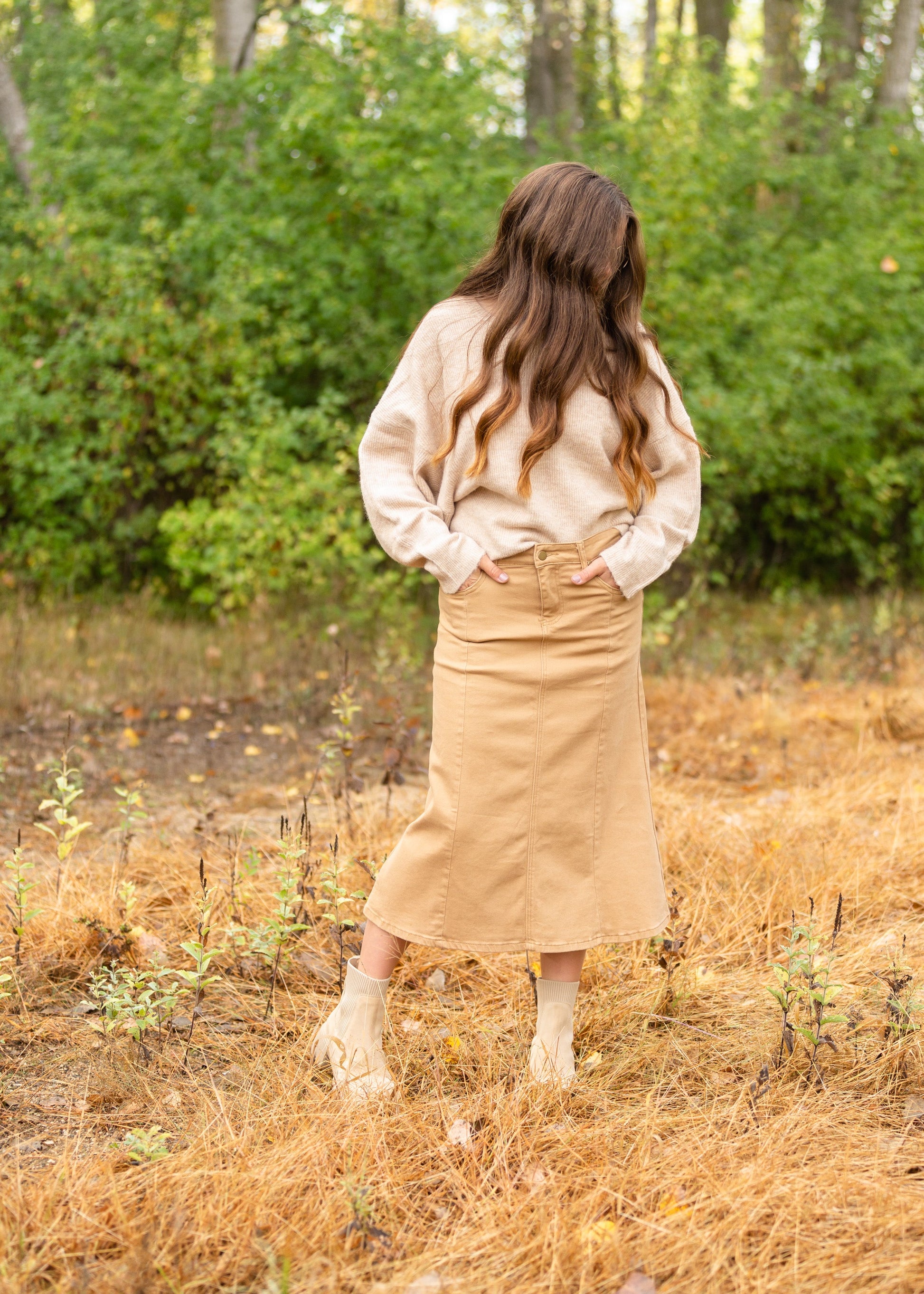 Shayla Paneled Khaki Denim Skirt Skirts