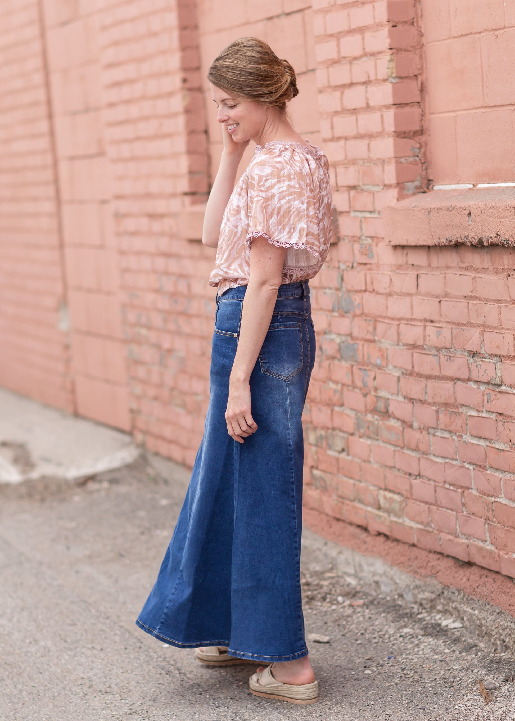 Shayla Paneled Medium Wash Long Denim Skirt Skirts