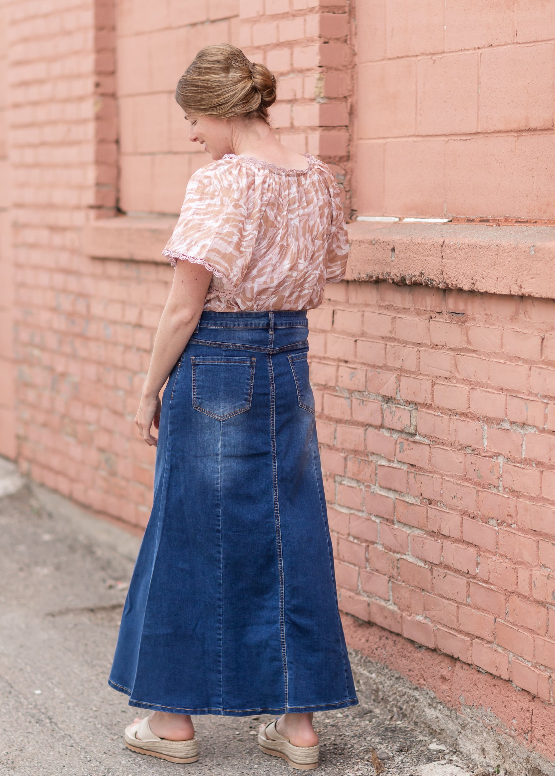Shayla Paneled Medium Wash Long Denim Skirt Skirts