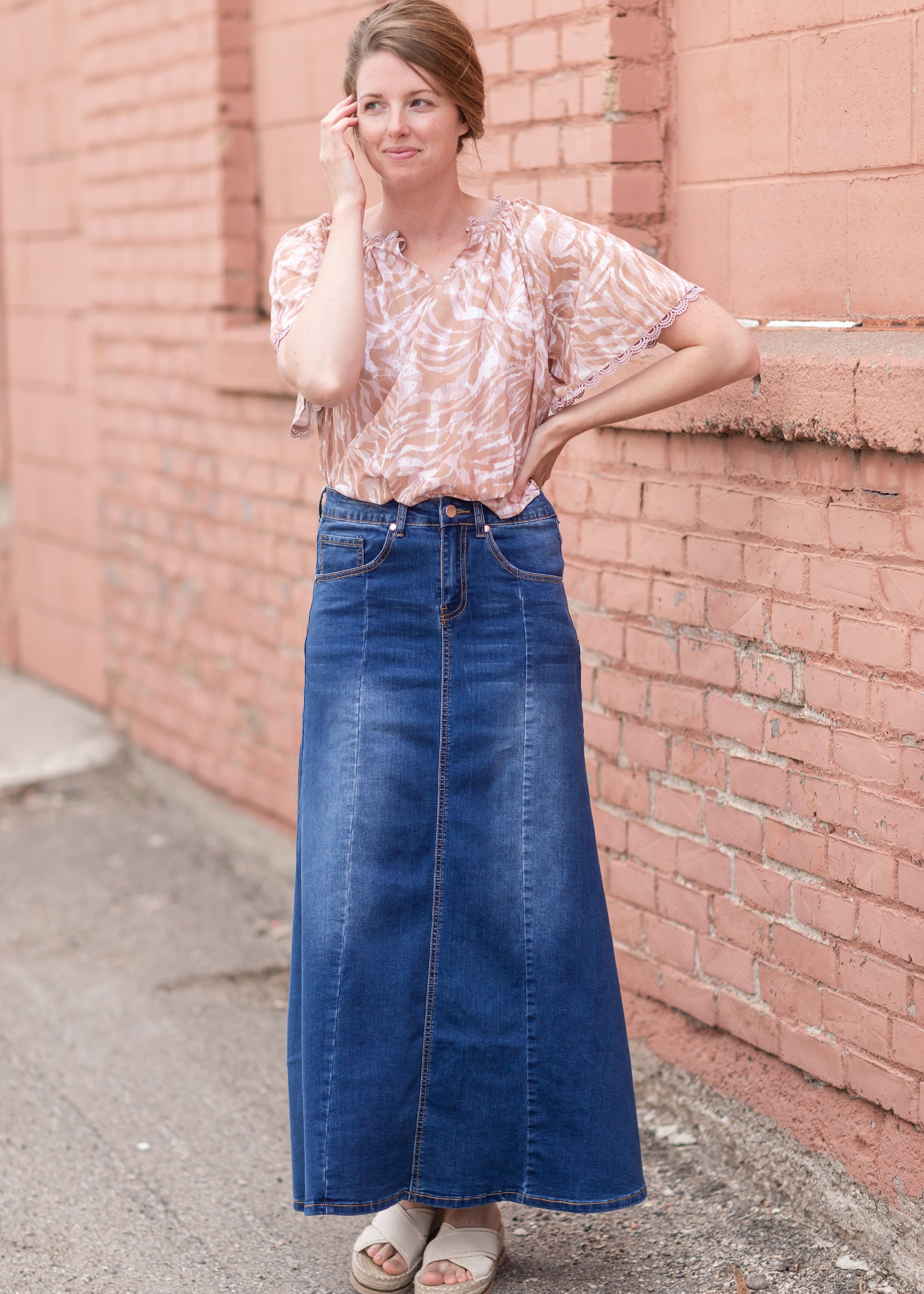 Shayla Paneled Medium Wash Long Denim Skirt Skirts