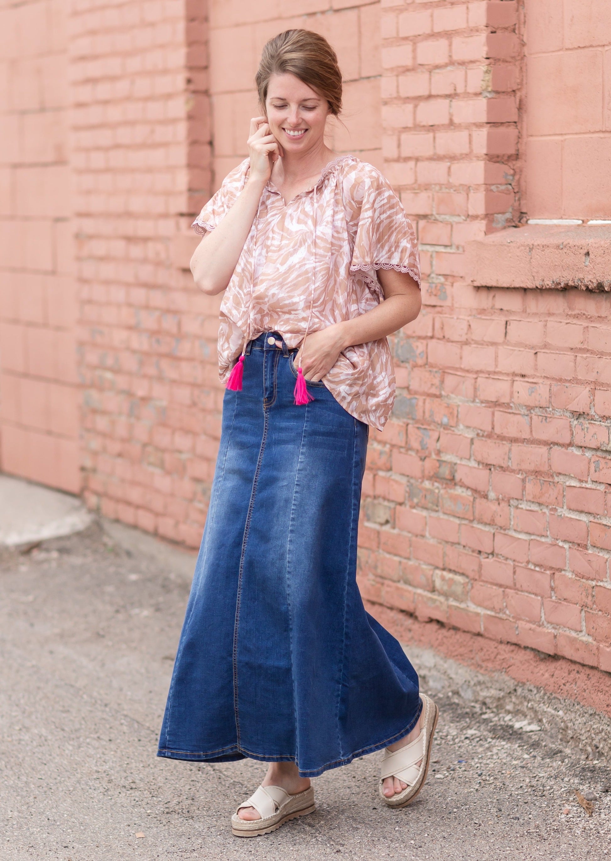 Shayla Paneled Medium Wash Long Denim Skirt Skirts
