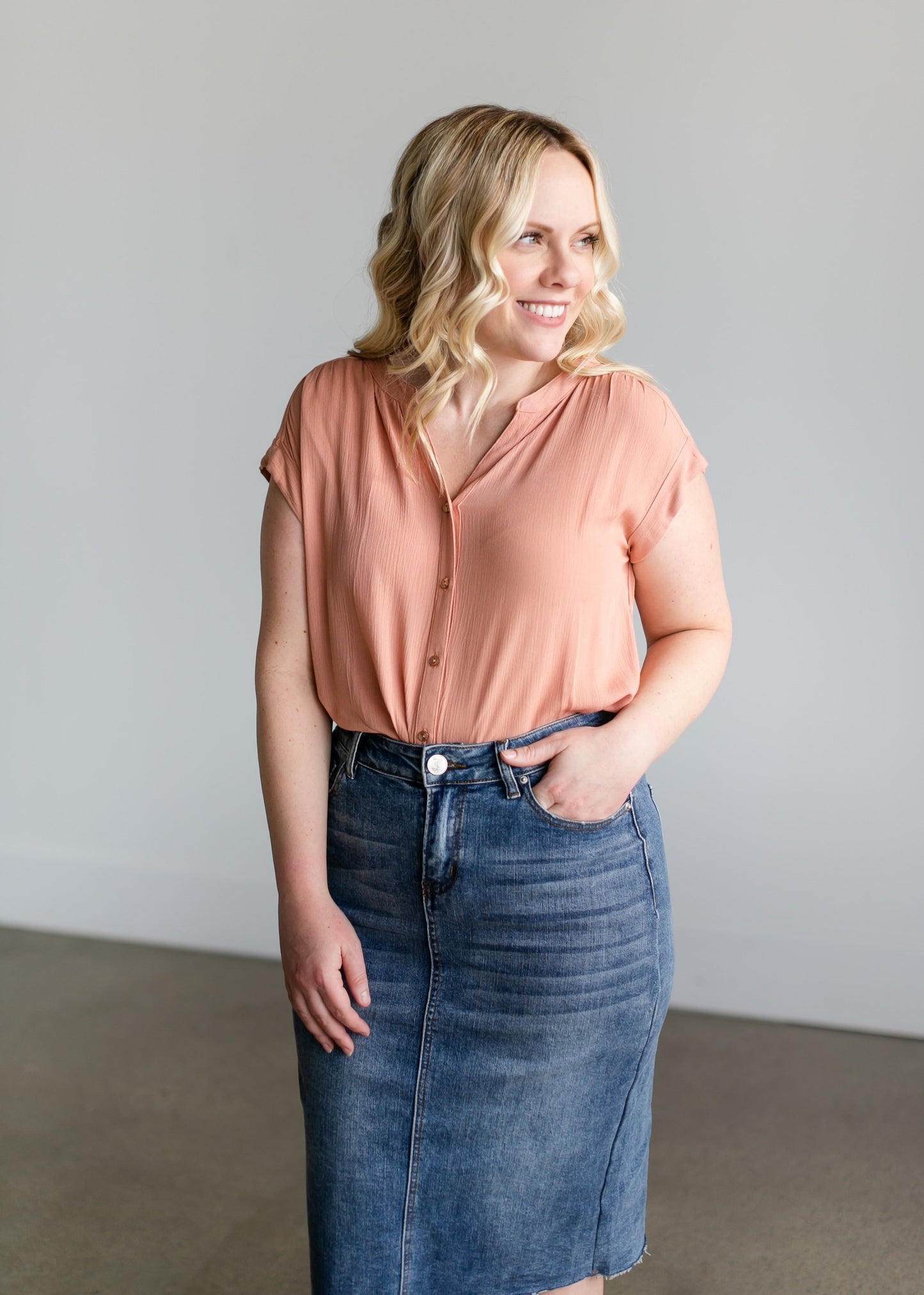 Short Sleeve Crinkle Button Down Top Tops