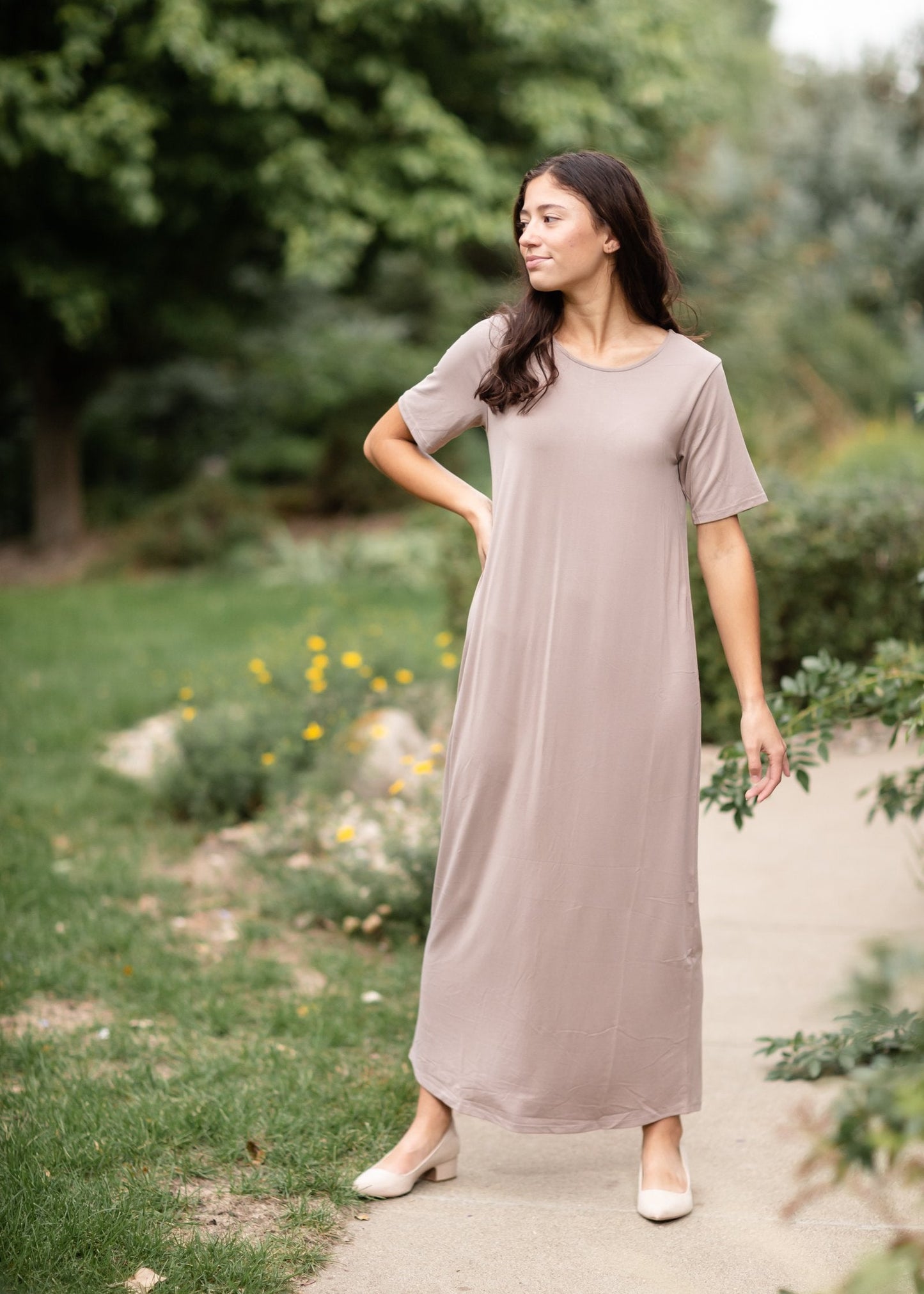 Short Sleeve Round Neck Maxi Dress - FINAL SALE Dresses Zenana Taupe / S