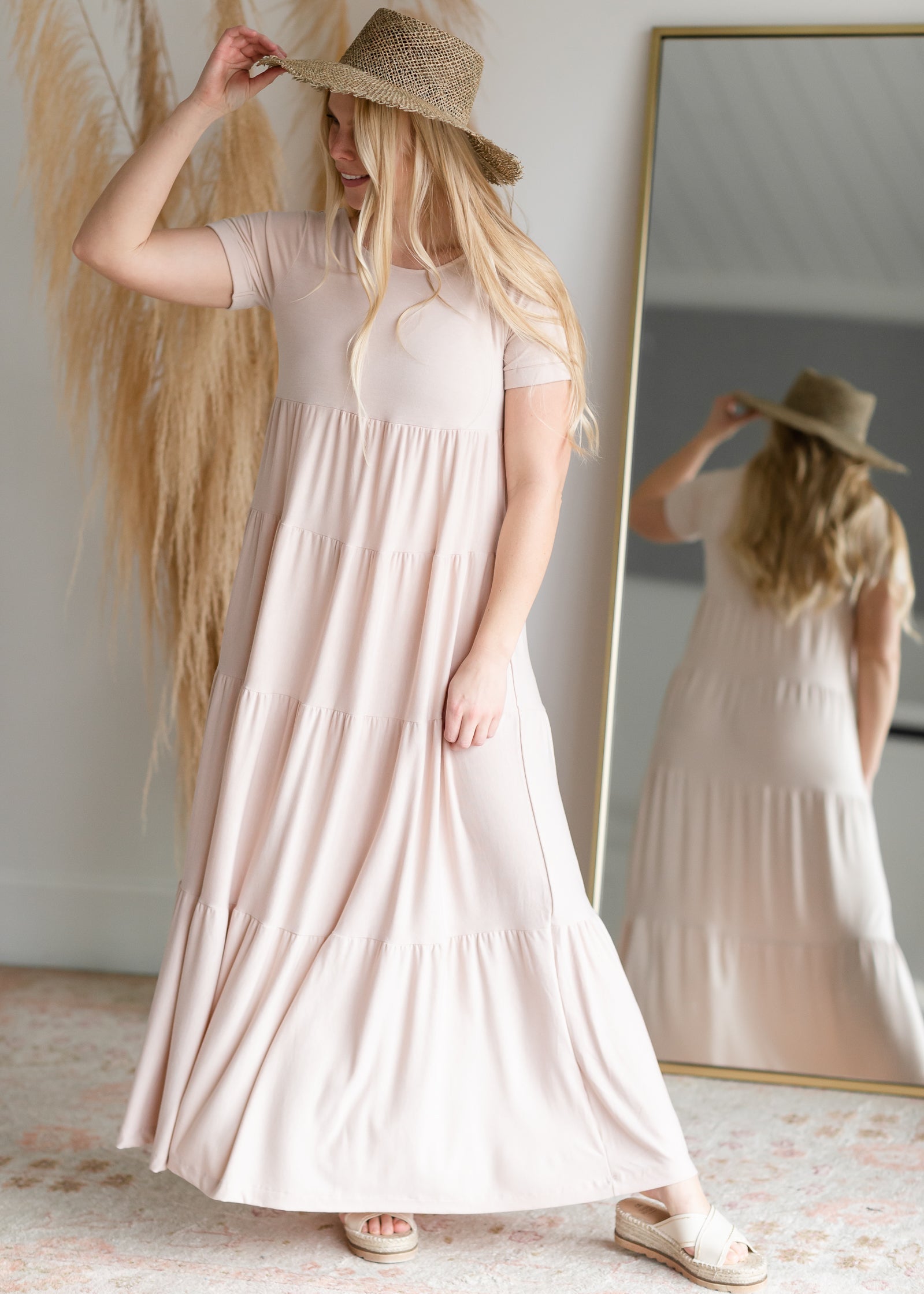Short Sleeve Tiered Maxi Dress Dresses Zenana Blush / S